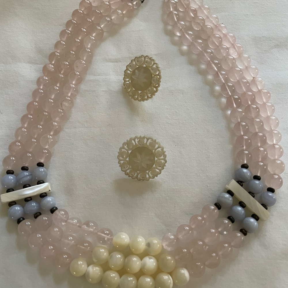 Beautiful Rose and Blue Necklace with Matching Pierced Earrings